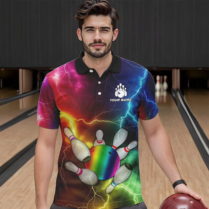 Mens Bowling shirts Custom Colorful Rainbow Lightning Thunder Bowling ball and pins Team bowler Jersey NQS9767