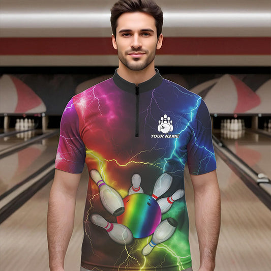 Mens Bowling shirts Custom Colorful Rainbow Lightning Thunder Bowling ball and pins Team bowler Jersey NQS9767