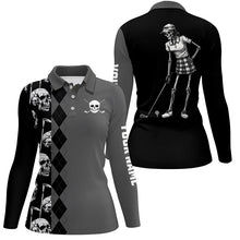 Load image into Gallery viewer, Black skull argyle pattern custom Women golf polo shirts, women&#39;s golf tops NQS7681