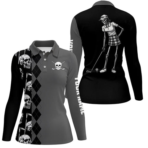 Black skull argyle pattern custom Women golf polo shirts, women's golf tops NQS7681