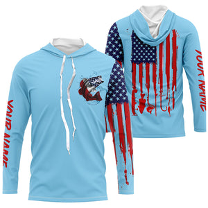 American flag Largemouth Bass fishing personalized patriotic UV Protection Fishing Shirts | Light Blue NQS5819