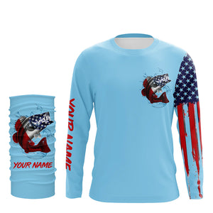 American flag Largemouth Bass fishing personalized patriotic UV Protection Fishing Shirts | Light Blue NQS5819