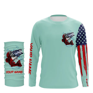 American flag Largemouth Bass fishing personalized patriotic UV Protection Fishing Shirt | Light Green NQS5820