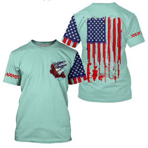 American flag Largemouth Bass fishing personalized patriotic UV Protection Fishing Shirt | Light Green NQS5820