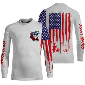 American flag Largemouth Bass fishing personalized patriotic UV Protection Fishing Shirts | Gray NQS5821