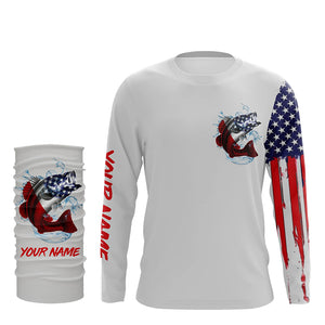 American flag Largemouth Bass fishing personalized patriotic UV Protection Fishing Shirts | Gray NQS5821