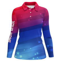 Load image into Gallery viewer, Womens golf polo shirts custom Red and blue gradient stars pattern patriotic golf clothing for women NQS7929