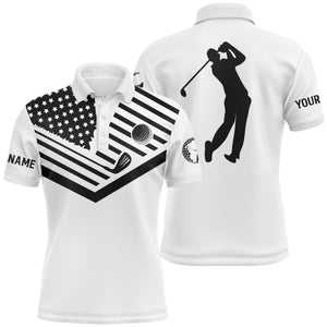 Mens golf polo shirt black American flag 4th July custom name white golf shirt NQS3671