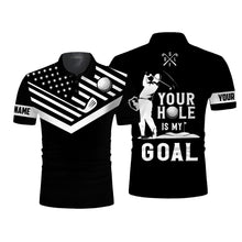 Load image into Gallery viewer, Black Mens golf polo shirt white American flag custom name your hole is my goal funny golf team shirt NQS3672