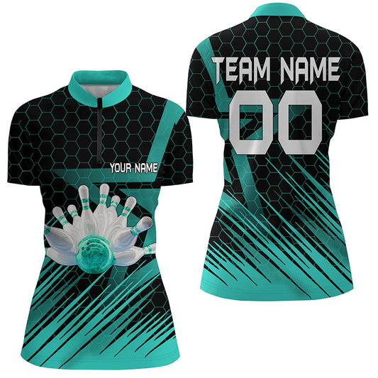 Turquoise Bowling Shirt For women Custom Quarter Zip Bowling Jersey 3D Bowling Team Shirt For women NQS6224