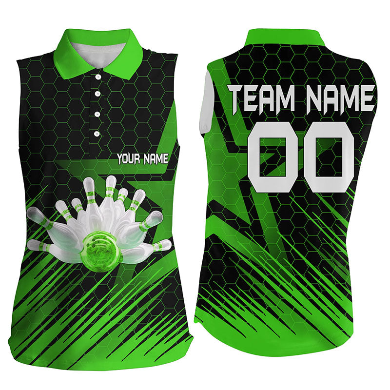 Green Bowling Shirt For women Custom sleeveless polo Bowling Jersey 3D Bowling Team Shirt For women NQS6225