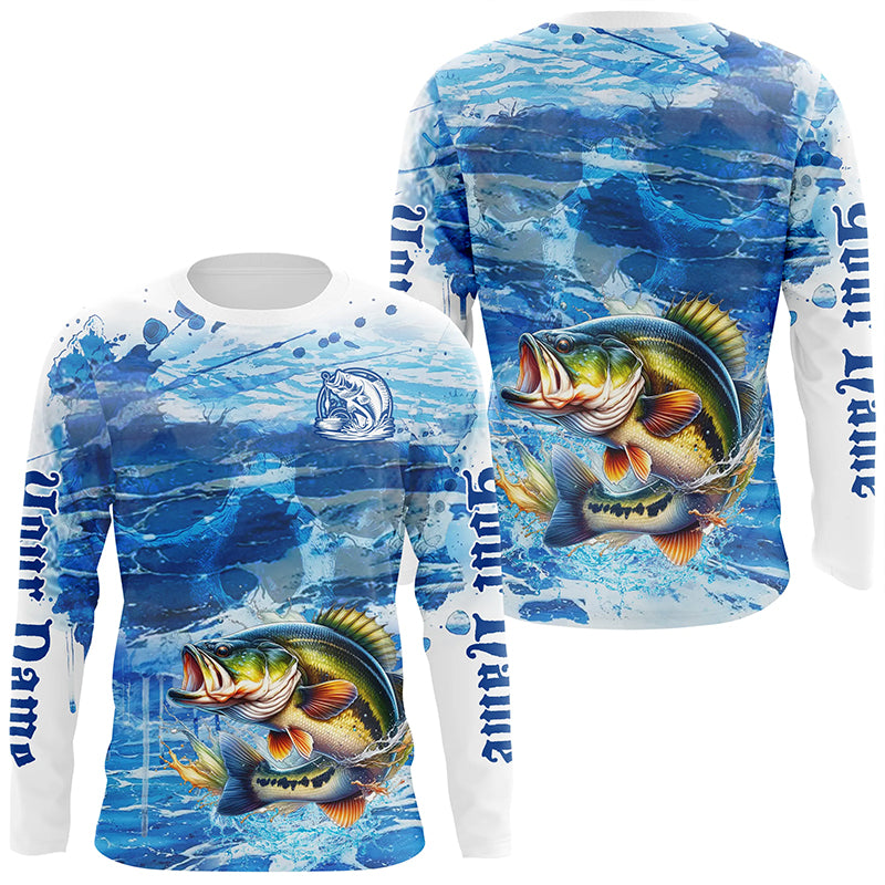 Personalized Bass Fishing jerseys blue camo Long Sleeve tournament fishing shirts NQS6227