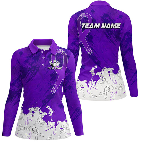 Personalized Purple Ribbons Pattern Bowling Shirts For Women, Custom breast cancer bowling shirts NQS8348