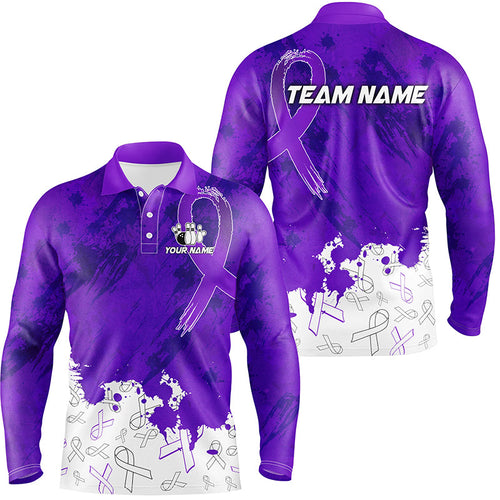Personalized Purple Ribbons Pattern Bowling Shirts For Men, Custom breast cancer bowling shirts NQS8348