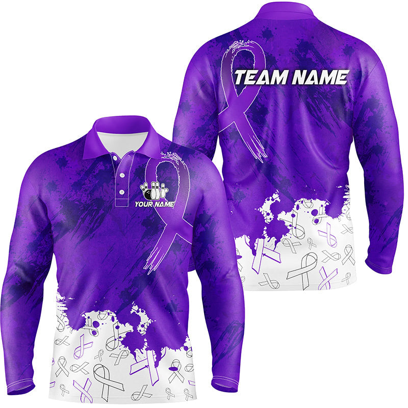Personalized Purple Ribbons Pattern Bowling Shirts For Men, Custom breast cancer bowling shirts NQS8348