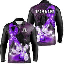 Load image into Gallery viewer, Personalized Purple Ribbons Grunge Bowling Shirts For Men, Custom breast cancer bowling Team shirts NQS8353