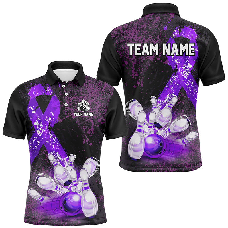 Personalized Purple Ribbons Grunge Bowling Shirts For Men, Custom breast cancer bowling Team shirts NQS8353