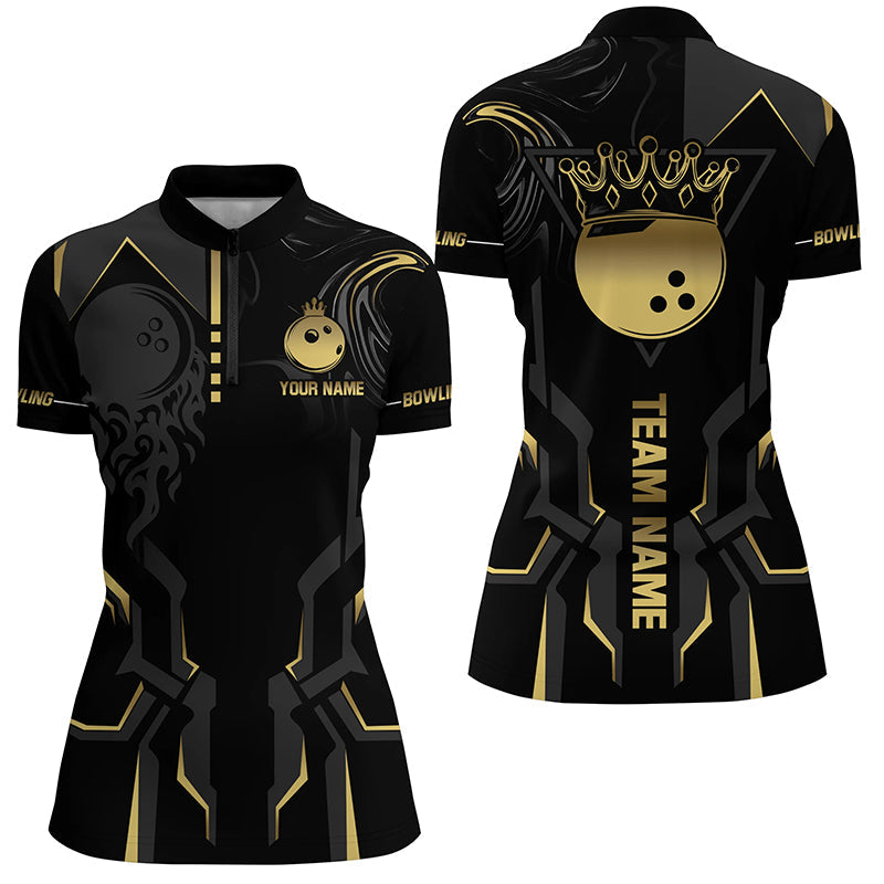 Black and gold Bowling Polo, Quarter Zip Shirts For Women Custom Bowling King Team Jerseys Outfits NQS8564