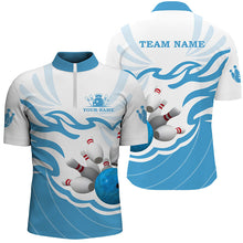Load image into Gallery viewer, White and Blue Mens polo, quarter zip bowling shirt Custom bowling ball pins team league jerseys NQS8799
