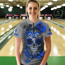 Load image into Gallery viewer, Blue Sugar Skull Tattoo Custom Women Bowling Polo, Quarter Zip Shirts,Team Bowling Jerseys NQS10947