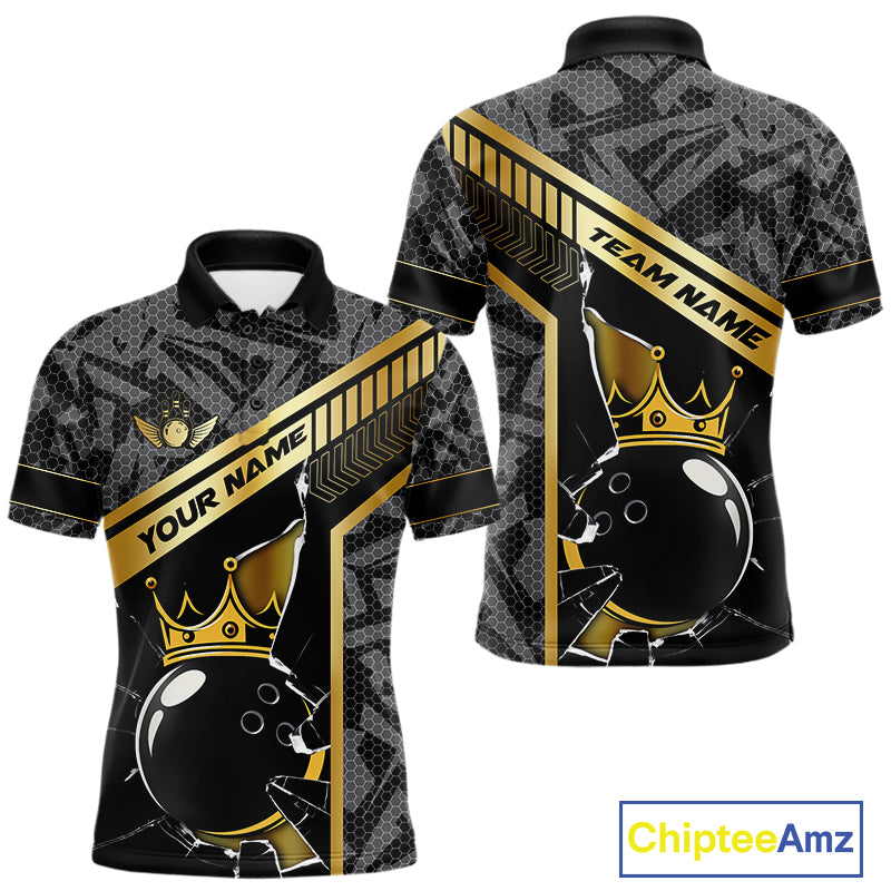 Black Camo and Gold Broken Crown Bowling Ball Bowling Shirts For Men Custom Bowling Team Jerseys NQS11139