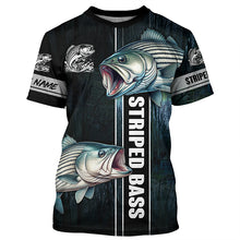 Load image into Gallery viewer, Striped Bass striper Fishing blue camo fish on custom name sun protection long sleeve fishing shirts NQS4451