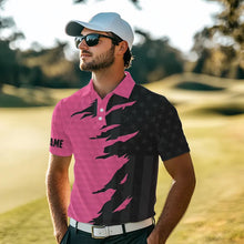 Load image into Gallery viewer, Personalized Mens golf polos shirts custom pink golf ball skin black American flag mens golf apparel NQS9775