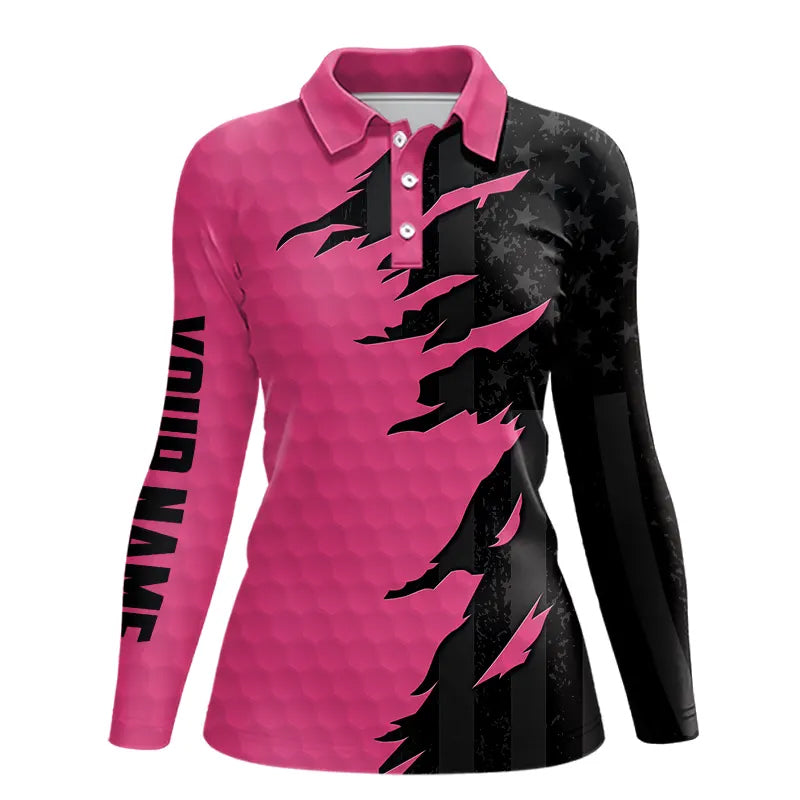 Personalized Womens golf polos shirt custom pink golf shirts black American flag ladies golf apparel NQS9775