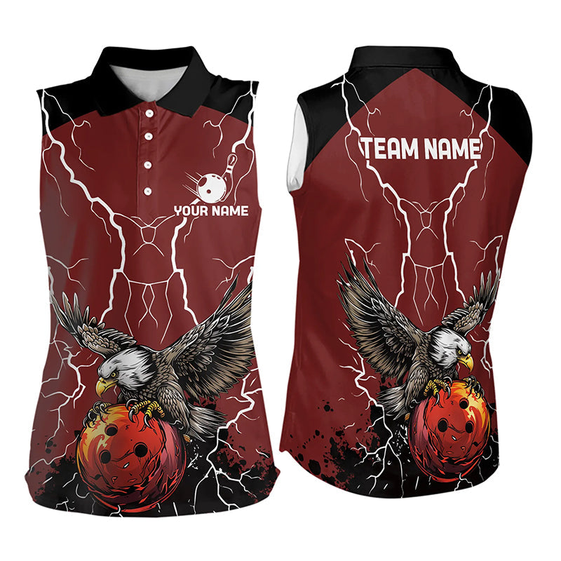 Women bowling Sleeveless Polo shirts Custom Eagle bowling lightning storm team league jerseys | Red NQS9781