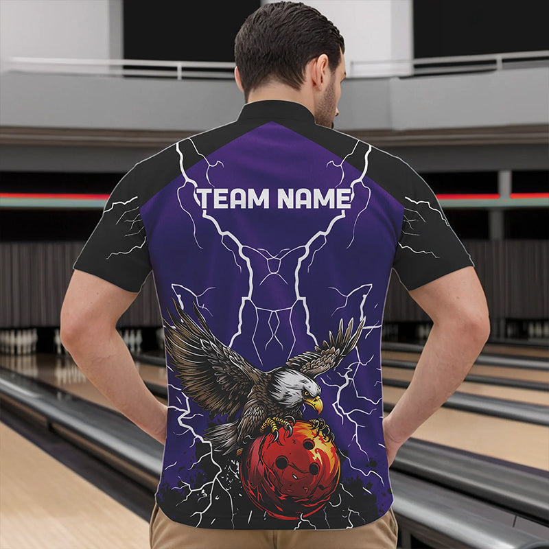 Men's bowling Polo, Quarter Zip shirt Custom Eagle bowling lightning storm team league jersey | Purple NQS9782
