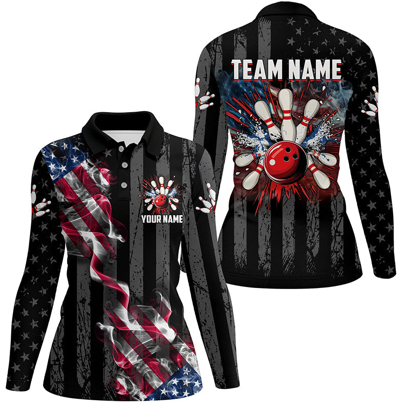 Black American flag smoke Women Bowling Polo, Quarter Zip shirt Custom Patriotic Team Bowling Jersey NQS7689