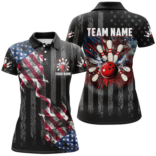 Black American flag smoke Women Bowling Polo, Quarter Zip shirt Custom Patriotic Team Bowling Jersey NQS7689