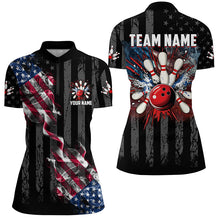 Load image into Gallery viewer, Black American flag smoke Women Bowling Polo, Quarter Zip shirt Custom Patriotic Team Bowling Jersey NQS7689