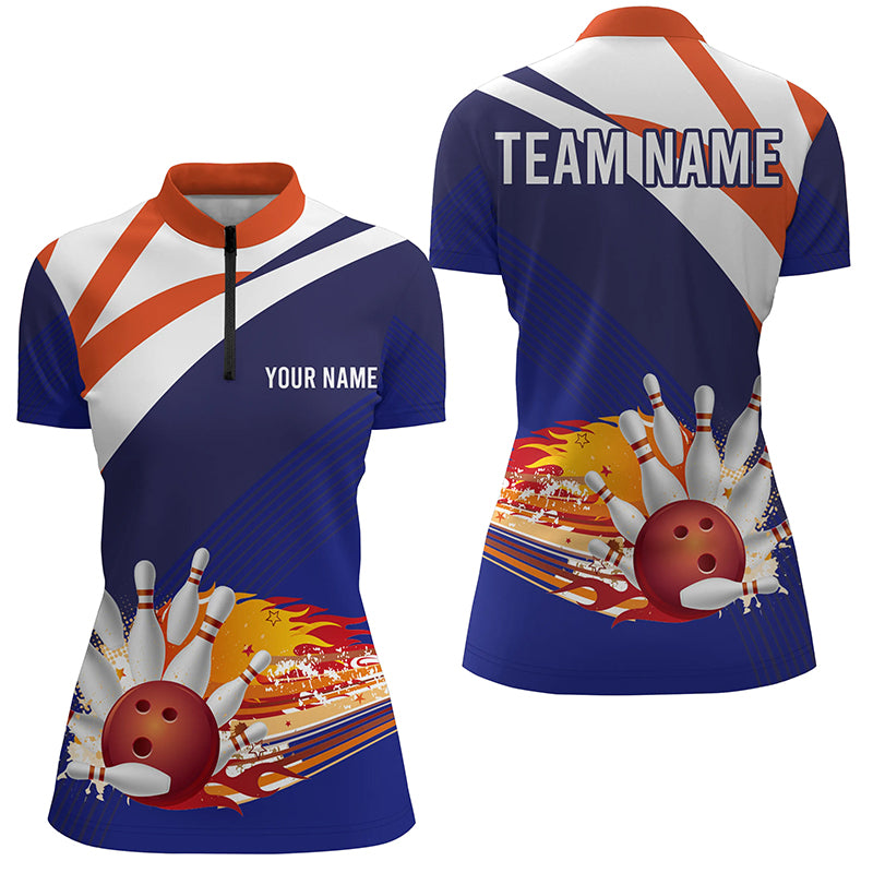 Blue and orange Women's Bowling Shirt Quarter-Zip Custom Name Ladies Bowlers Jersey, team bowling gift NQS5830