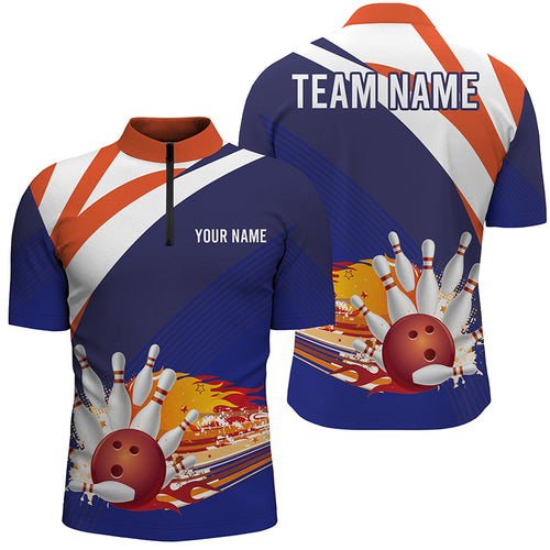 Blue and orange Men's Bowling Shirt Quarter-Zip Custom Name mens Bowlers Jersey, team bowling gifts NQS5830