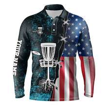 Load image into Gallery viewer, Mens disc golf polo shirt American flag blue grunge custom disc golf team shirt, disc golf gifts NQS7933