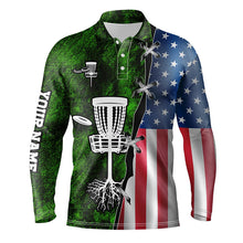 Load image into Gallery viewer, Mens disc golf polo shirt American flag green grunge custom disc golf team shirt, disc golf gifts NQS7934