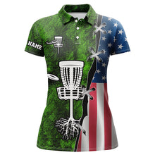 Load image into Gallery viewer, Womens disc golf polo shirt American flag green grunge custom disc golf team shirt, disc golf gifts NQS7934