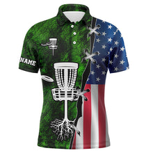 Load image into Gallery viewer, Mens disc golf polo shirt American flag green grunge custom disc golf team shirt, disc golf gifts NQS7934