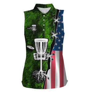 Womens sleeveless polo shirt American flag green grunge custom disc golf team shirt, disc golf gifts NQS7934