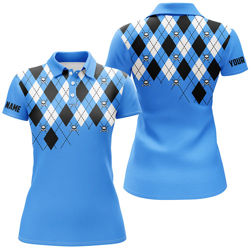 Womens golf polo shirt plus size blue argyle plaid golf skull pattern custom ladies blue golf tops NQS6018