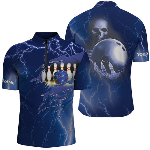 Personalized bowling Quarter-Zip shirt for men blue lightning Custom name Team skull bowling Jerseys NQS6022