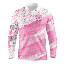 Load image into Gallery viewer, Mens golf polo shirts custom white and pink ribbon pattern Breast Cancer awareness golf attire for men NQS8125