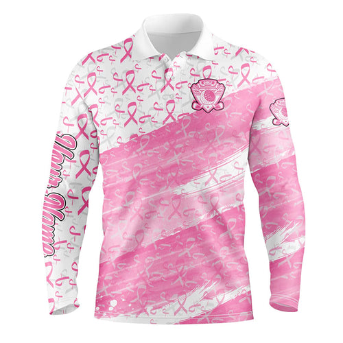 Mens golf polo shirts custom white and pink ribbon pattern Breast Cancer awareness golf attire for men NQS8125