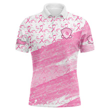 Load image into Gallery viewer, Mens golf polo shirts custom white and pink ribbon pattern Breast Cancer awareness golf attire for men NQS8125