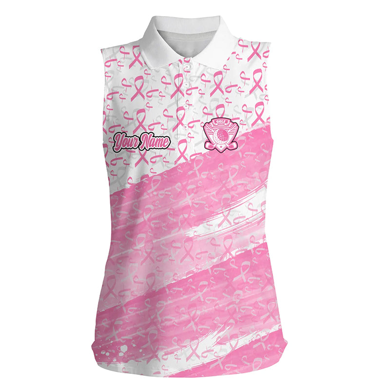 Women sleeveless polo shirt custom pink ribbon pattern Breast Cancer awareness golf attire for ladies NQS8125