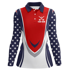 Red, white and blue American Flag Women golf polo shirts custom patriotic golf attire for ladies NQS8361