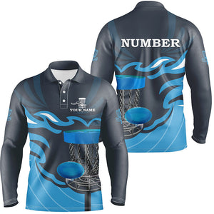 Retro disc golf polo shirts for men custom name and number team frisbee golf jerseys | Blue NQS8810