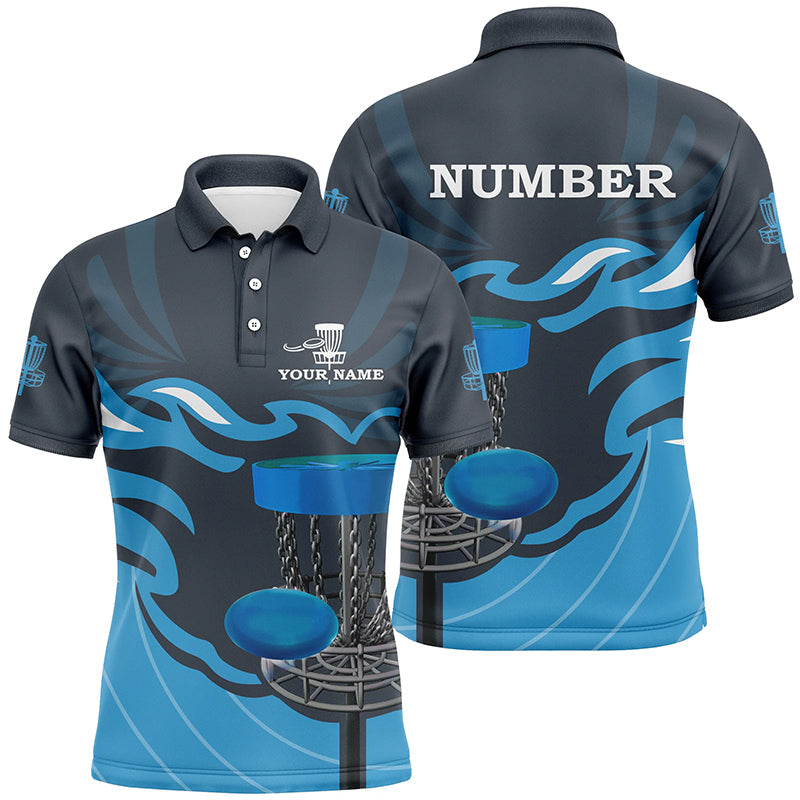 Retro disc golf polo shirts for men custom name and number team frisbee golf jerseys | Blue NQS8810