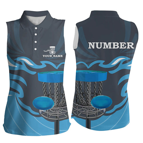 Retro disc golf sleeveless polo shirt custom name and number team frisbee golf jerseys | Blue NQS8810